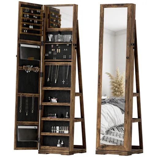 HOMCOM Armoire de Bijuterii pivotantă, blocabilă, cu oglindă - Dulap Bijuterii Multi-Depozitare - Brun Rustic | Aosom Romania