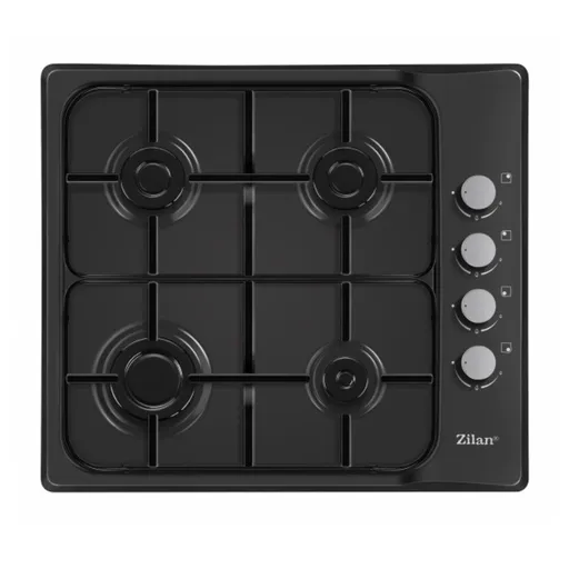 Plită încorporată Zilan ZLN 0034, 4 arzătoare cu gaz, 7.35 kW, Gaz natural sau propan-butan, 60x50 cm, Grătar din fontă, Protecție împotriva scurgeril