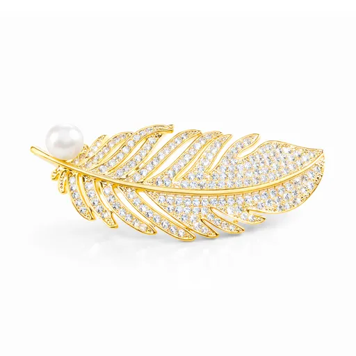 Troli Broșă placată cu aur in formă de pană cu perlă de apă dulce Gold