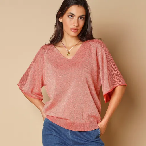 Bluză cu mâneci largi până la coate din material tricotat cu fibre metalice