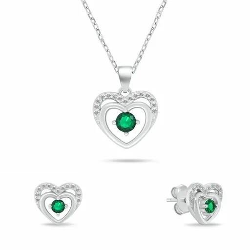Brilio Silver Set delicat de bijuterii din argint pentru femei, Inimi, cu zirconii verzi SET295WG (colier și cercei)