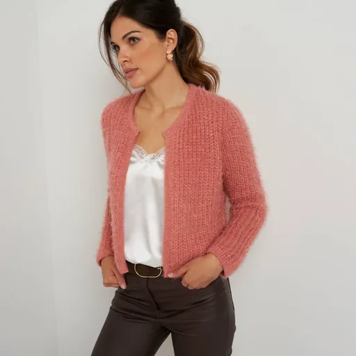 Cardigan scurt tricotat cu fire pufoase și metalice