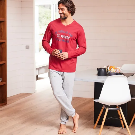 Pijama cu pantaloni și mâneci lungi, cu imprimeu cu slogan