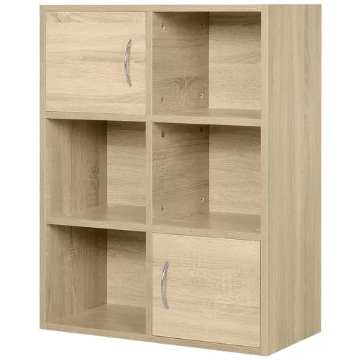 Biblioteca HOMCOM cu 3 Rafturi , 4 Compartimente si 2 Usi Basculante din Lemn Natural 61.5x29.5x80cm | Aosom Romania