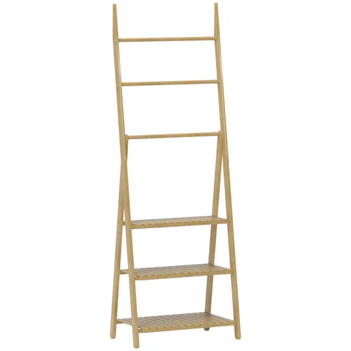 HOMCOM Raft Baie Pliabil pentru Prosoape cu 3 Rafturi și 3 Bare, 53,5x30x153 cm, Lemn Natural | Aosom Romania