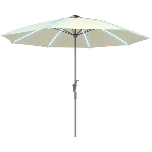 Outsunny Umbrelă Terasă Exterioară cu Lumini LED Protecție UV50+ Stâlp din Aluminiu Manivelă Acoperiș Ventilat Ø300x256 cm Crem | Aosom Romania