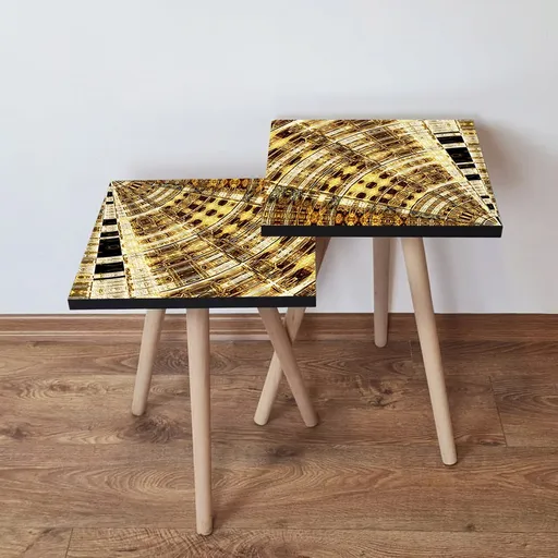 Set masute 2 piese, Hanah Home, 2Shp142, Auriu / Maro / Bej / Negru