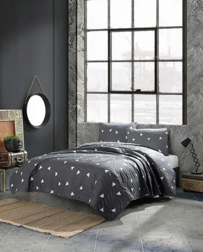 Set cuvertura de pat dubla 3 piese, L'essentiel Maison, Üçgen, 65% bumbac/35% poliester, Gri/Alb