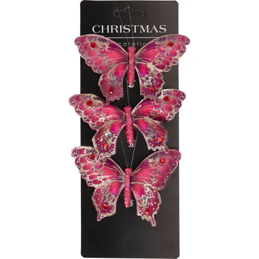 Set de decorațiuni de Crăciun Fluturi, roșu,12x8x2 cm, cu clemă, SET DE 3 BUCĂȚI, roșu