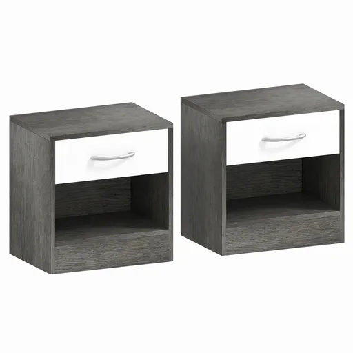 HOMCOM Set 2 Noptiere Moderne cu Raft Deschis și Sertar Alb Gri închis | Aosom Romania