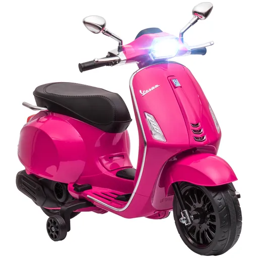 AIYAPLAY Motocicletă electrică pentru copii Vespa 6V, Muzică MP3 Port USB Faruri 2 roți de antrenare, dim. 107L x 47l x 73H cm Roz | Aosom Romania
