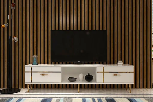 Comoda TV, Hanah Home, Line, 150x40.6x29.6 cm, Alb/Auriu