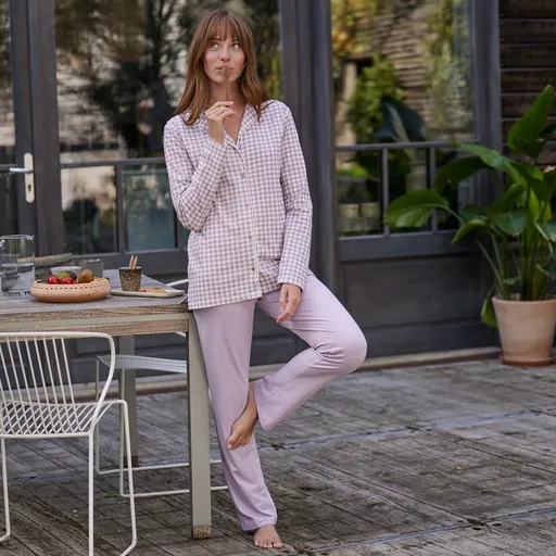 Pijama cu pantaloni lungi și imprimeu în carouri vichy