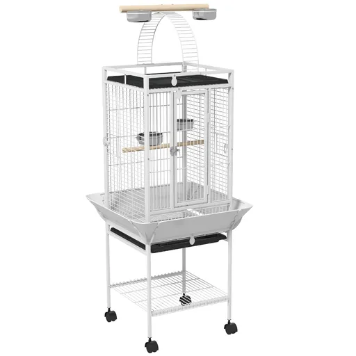 PawHut Colivie pentru păsări, volieră pe roți cu suport, tavă glisantă, bară de lemn pentru odihnă, 62,5x62,5x156cm, alb | Aosom Romania