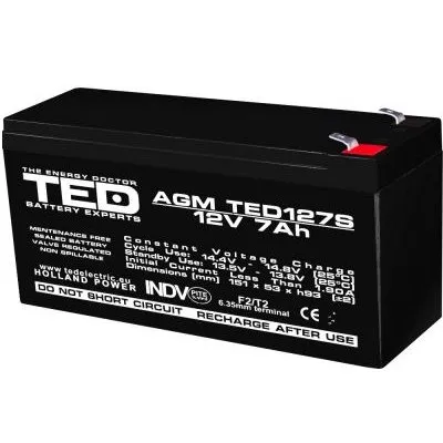 Acumulator TED AGM VRLA 12V 7Ah F2 dimensiuni reduse 149mm x 49mm x h 95mm TED003195