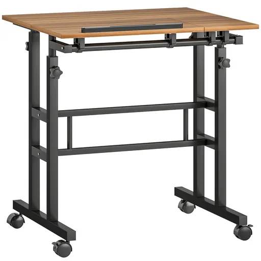 HOMCOM Birou stat jos/în picioare birou reglabil pe înălțime 70 x 60 cm pe roți cu blat înclinat cadru metalic maro | Aosom Romania