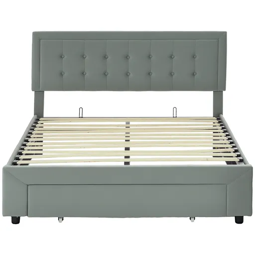 HOMCOM Cadru de pat dublu cu somier cutie cu pistoane, sertar pe roți, cap reglabil capitonat cu efect de catifea, gri | Aosom Romania