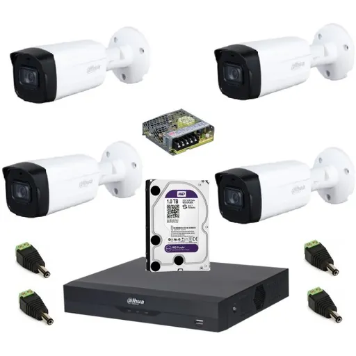 Sistem complet de supraveghere Dahua DH-4CEXT80M-5MPS HDCVI cu 4 camere de exterior de 5MP, IR 80m, Starlight, 16:9