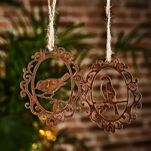 2 decoratiuni Pasari in culoarea ruginii