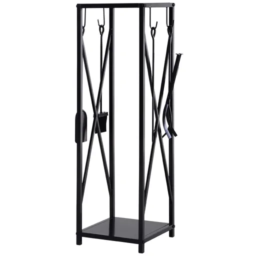 Suport lemne de Interior si Exterior cu economisire de spatiu din Metal cu Paleta, Matura, Vatrai si Cleste 34x34x111cm Negru Outsunny | Aosom Romania