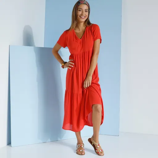 Rochie midi monocromă Crepon cu decolteu în V