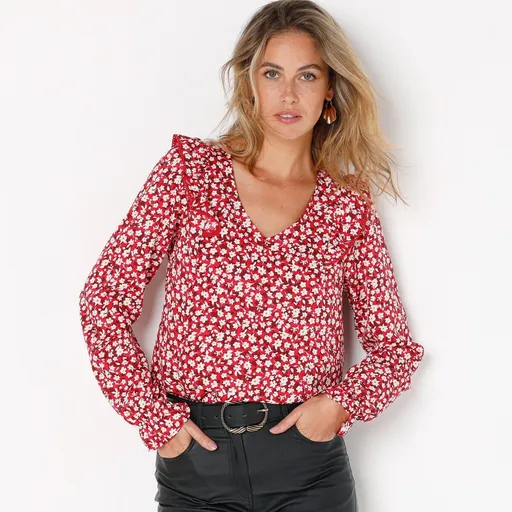 Bluză cu imprimeu și volane