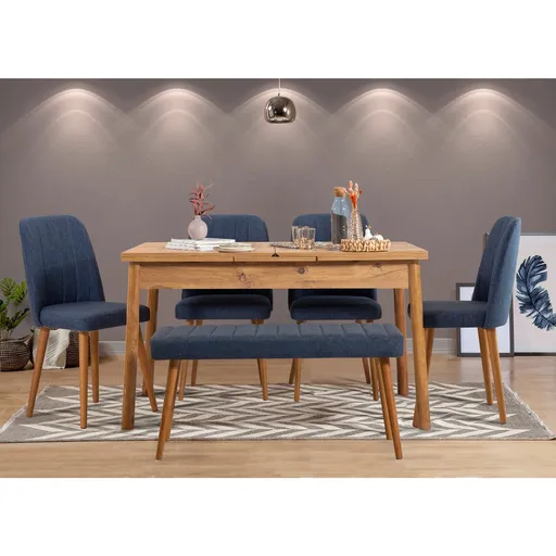 Set masa extensibila si scaune, Hanah Home, Santiago Atlantic Dark Blue, Stejar / Albastru închis