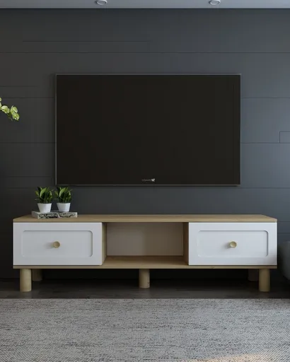 Comoda TV, Hanah Home, Rosalinda Bohem, 150x40.6x29.6 cm, Stejar Safir / Alb