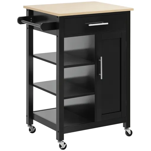 HOMCOM Dulap de Bucătărie cu Roți Dulap de Servire de Stil Contemporan - Ușă, sertar, 3 rafturi - mânere metal Blat Lemn de Hevea Negru | Aosom Romani