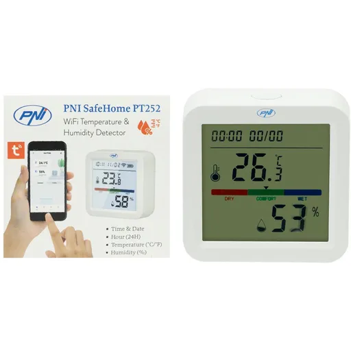 Senzor inteligent de temperatura si umiditate PNI SafeHome PT252 WiFi aplicatie de mobil Tuya Smart / 5949066531798