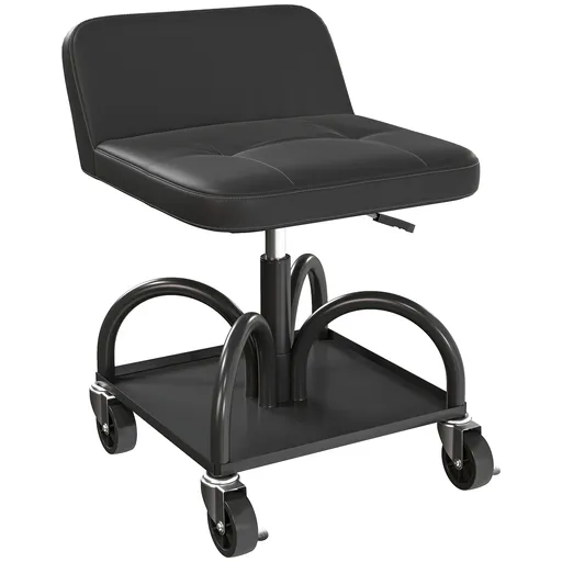 HOMCOM Scaun de atelier cu roți spațiu depozitare, 58,5 cm înălțime, scaun rulant până la 135 kg Negru | Aosom Romania