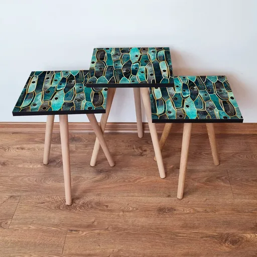 Set masute 3 piese, Hanah Home, 3Shp387, Albastru / Verde / Auriu / Negru