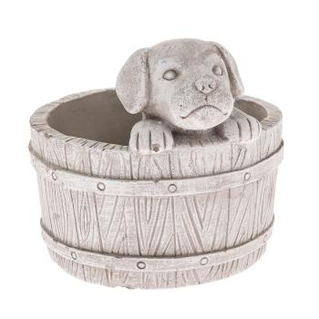 Capac pentru oală din beton Câine într-un butoimaro deschis, 17 x 19 cm