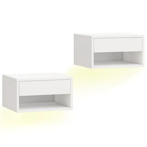 HOMCOM Set 2 Noptiere Suspendate cu LED RGB Integrat și Reglabil prin Aplicație, Sertar și Raft, 37x32x21 cm, Alb | Aosom Romania