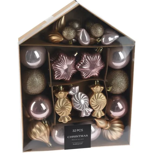 Set decorațiuni Festive de Crăciun roz / auriu, 32buc, roz