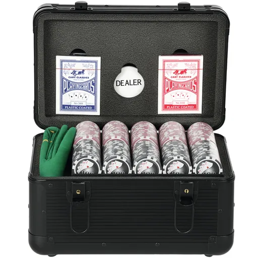 SPORTNOW Set Cazino cu Cutie, Covoraș, Jetoane Numerotate și 2 Pachete de Cărți de Joc, 28,5x18x18 cm, Negru | Aosom Romania