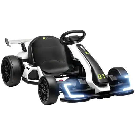 Kart electric pentru copii cu vârsta între 6-12 ani 24V 12km/h cu scaun reglabil, Drift Go-kart cu claxon, lumini, alb HOMCOM | Aosom Romania