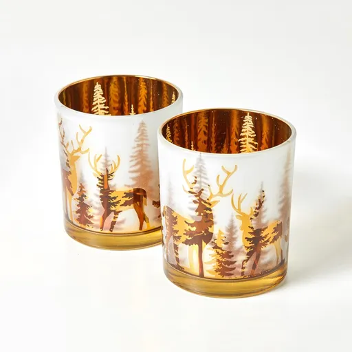 Set de 2 suporturi de lumânări cu motive de reni și brad