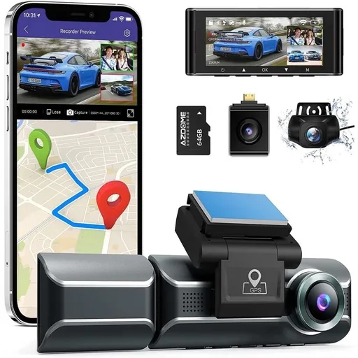Camera auto DVR AZDOME M550, Tripla, 4K, WiFi, GPS, Unghi 170 , WDR, G-Sensor, mod parcare, card 64Gb inclus
