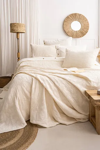 Set cuvertura de pat dubla 3 piese, L'essentiel Maison, Bambi, Bumbac, Crem