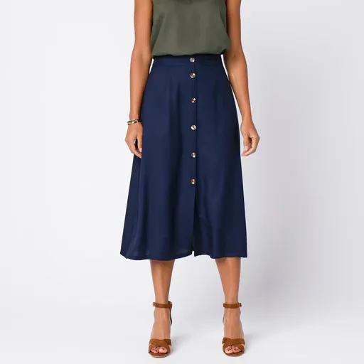 Fustă midi lejeră, uni, cu nasturi, din viscoză ecologică