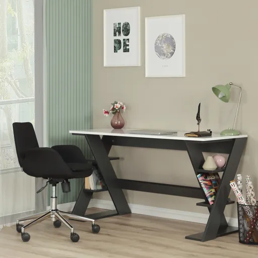 Birou, Hanah Home, Lungo, 140x73x60 cm, Antracit/Alb