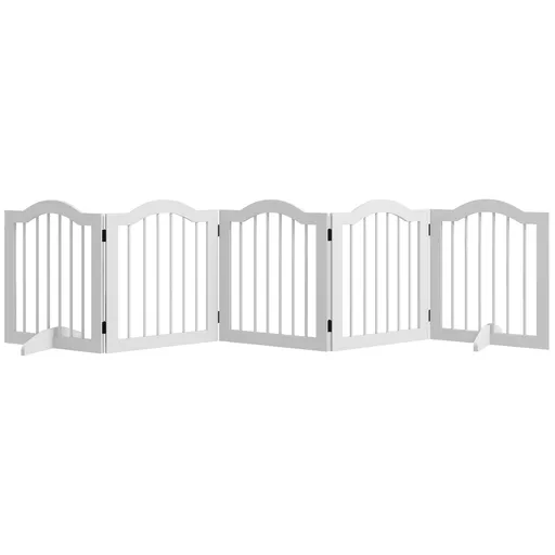 PawHut Barieră pentru câini, 5 panouri, pliabilă, flexibilă, lemn masiv/MDF, 261,5x29,5x61 cm, alb | Aosom Romania