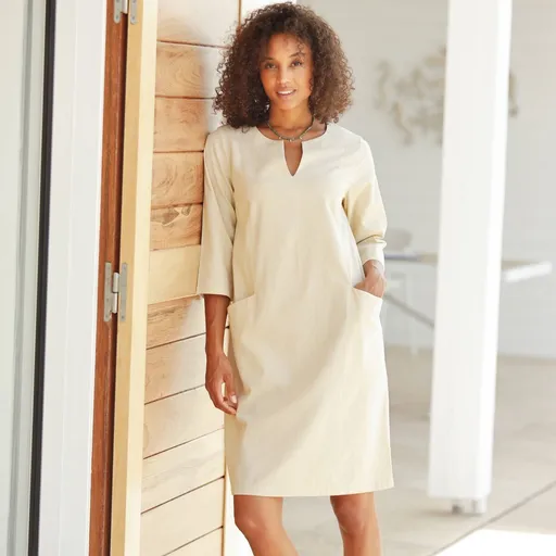 Rochie dreaptă cu buzunare, amestec bumbac/lin