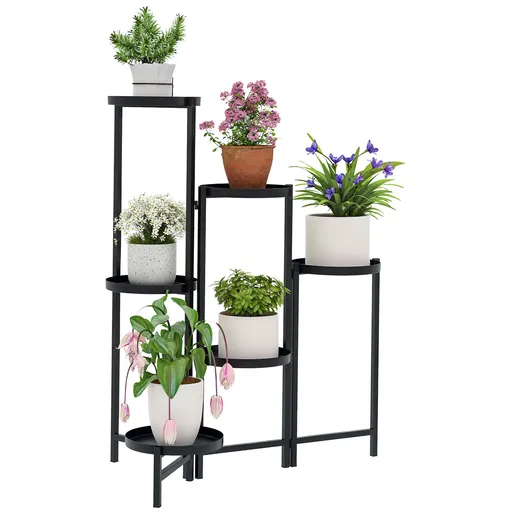 Outsunny Suport pentru plante 6 nivele etajeră plante ajustabil și pliabil din metal design fără șuruburi negru 60 x 40 x 80 cm | Aosom Romania