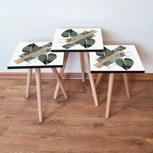 Set masute 3 piese, Hanah Home, 3Shp385, Alb / Verde / Bej / Negru