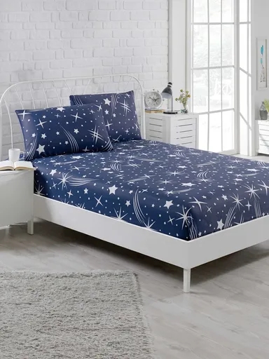 Set de pat dublu (cearceaf cu elastic si perne) 3 piese, L'essentiel Maison, Halley, 65% bumbac/35% poliester, Albastru inchis