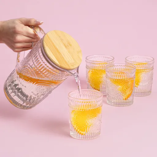 Set carafa si 4 pahare Lobos, Homla, 1 L / 300 ml, sticla/bambus, transparent/natur