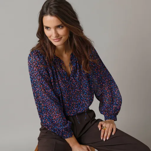 Bluză cu guler tunică și imprimeu animal