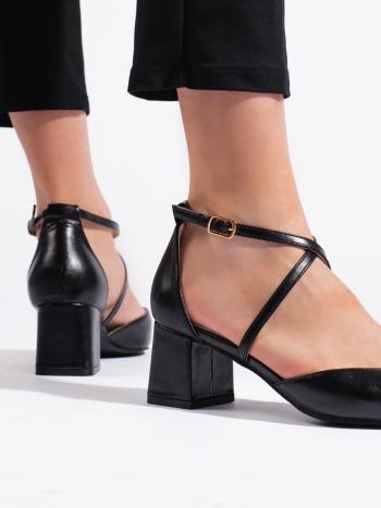 Sandale negre elegante pentru femei, cu toc lat, de culoare neagră